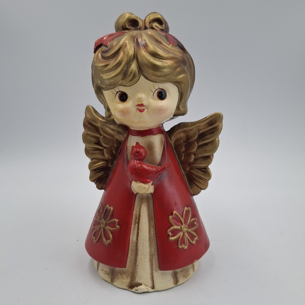 Vtg Christmas Angel Figurine Japan Mid Century Red Gold Big Eye Girl Cardinal